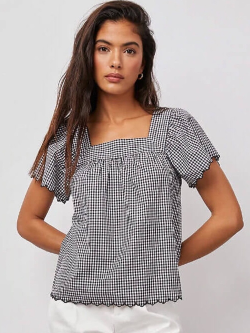 RAILS HARLEY‎ MINI GINGHAM SQAURE NECK SCALLOPED EDGE FLUTTER SLEEVE TOP PREPPY